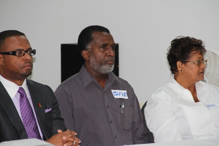 (L-R) Deputy Premier and Minister of Health on Nevis Hon. Mark Brantley, Clinical Coordinator, CHART RCU, University of the West Indies, Mona Campus in Jamaica Dr. Clive Anderson and Senior Programme Officer of the OECS/HAPU Ms. Kala Dowlath